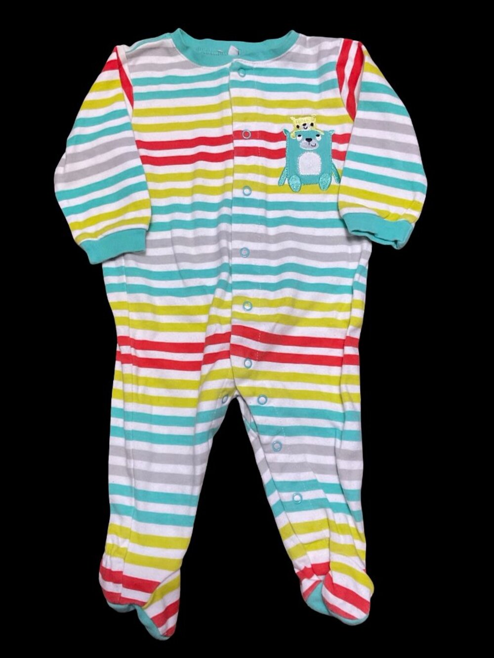 👣 5/$25 - Multicolored Striped Sleeper w/ Bear Applique